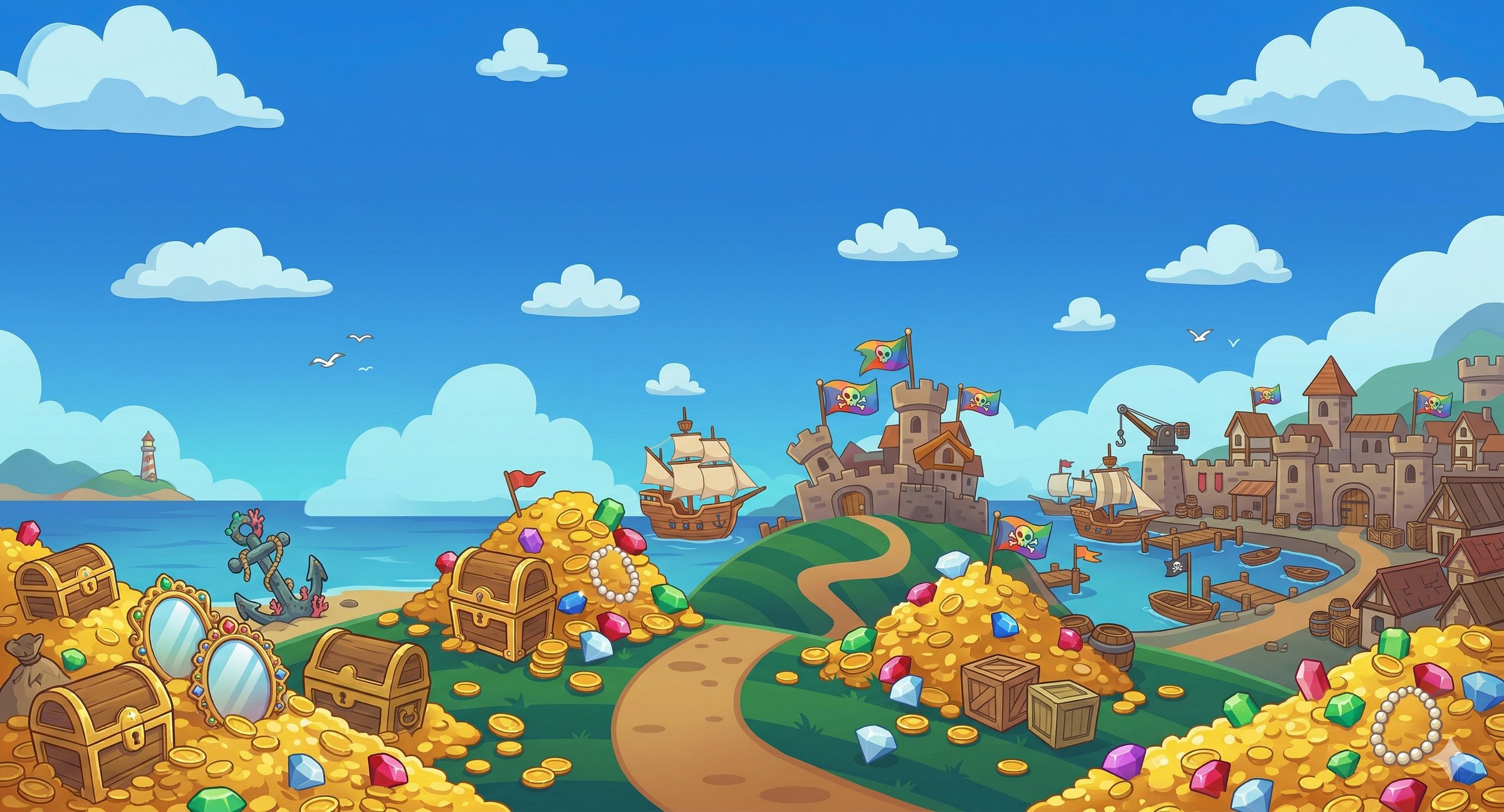 Pirate island with treasure and ships